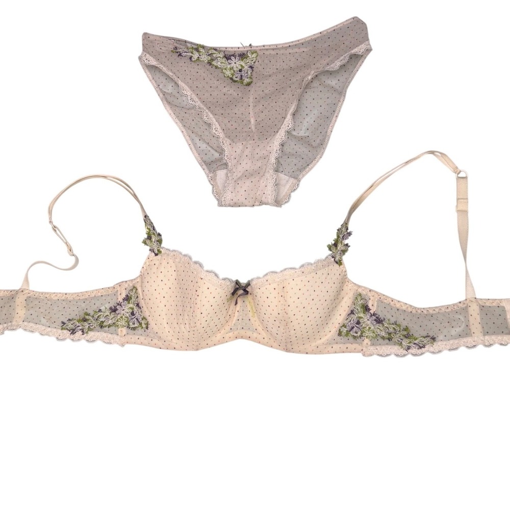 Antinea Lingerie Set Polka Dot Sheer Floral Mesh Coquette Girl Romantic 34B XS